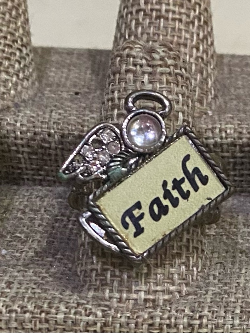 Angel Faith Stretch Ring Pearl Rhinestone Inspirational Ring Silver Tone